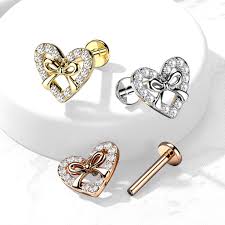 CZ Paved Heart With Ribbon Center Top on Internally Threaded 316L...