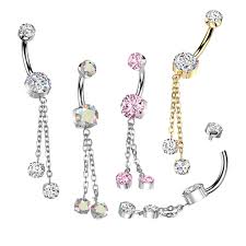 Implant Grade Titanium Internally Threaded Double Prong Set CZ Belly Button Ring With Double Round Prong Set CZ Chain Dangle