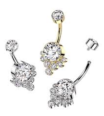 Implant Grade Titanium Internally Threaded Bezel Set Top and CZ Cluster Belly Button Ring