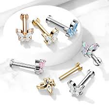 CZ Butterfly Top on Internally Threaded 316L Surgical Steel Flat Back...