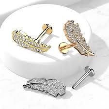 CZ Paved Leaf Top Internally Threaded 316L Surgical Steel Flat Back...