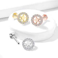 CZ Paved Circle With Star Center Internally Threaded 316L Surgical...