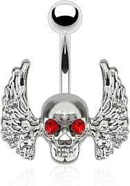 316L Surgical Steel Skull With Red Gem Eyes and Angel Wings Belly...