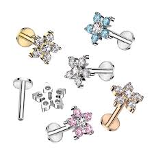 Double Tiered 6 CZ Flower Top Internally Threaded 316L Surgical Steel...