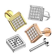 CZ Paved Square Top on Internally Threaded 316L Surgical Steel Flat...