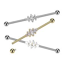 Implant Grade Titanium Internally Threaded 3 Marquise CZ Center and 2 Round CZ Industrial Barbell