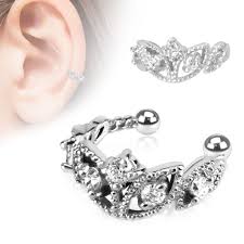 Beads Trimmed Clear CZ Rhodium Plated Brass Non Piercing Ear Cuff