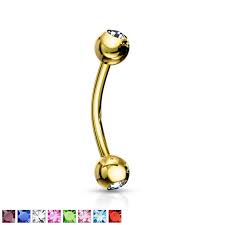 Gold Plated Over 316L Surgical Steel Double Jeweled Eyebrow Ring
