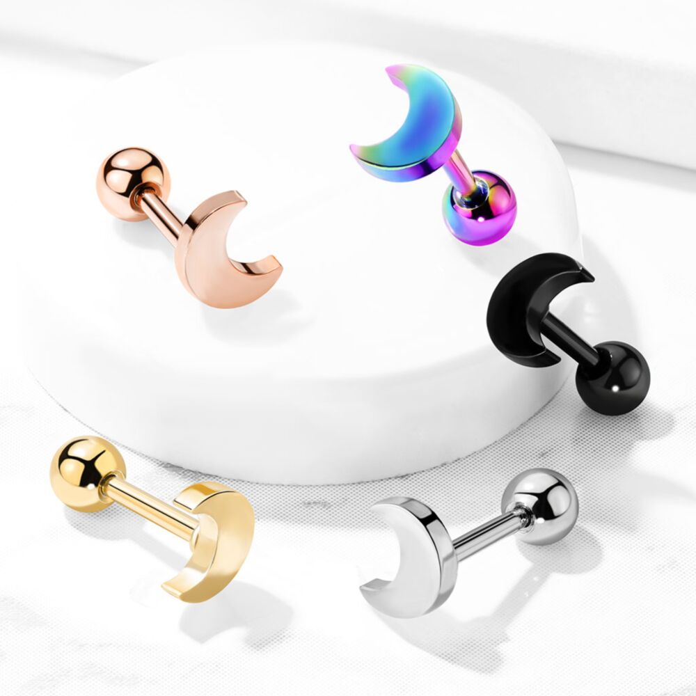 Flat Crescent Moon Top 316L Surgical Steel Cartilage, Tragus Barbell Studs