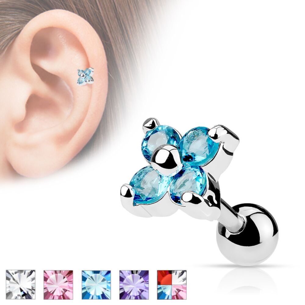 316L Surgical Steel Flower Quad CZ Tragus/Cartilage Piercing Stud...