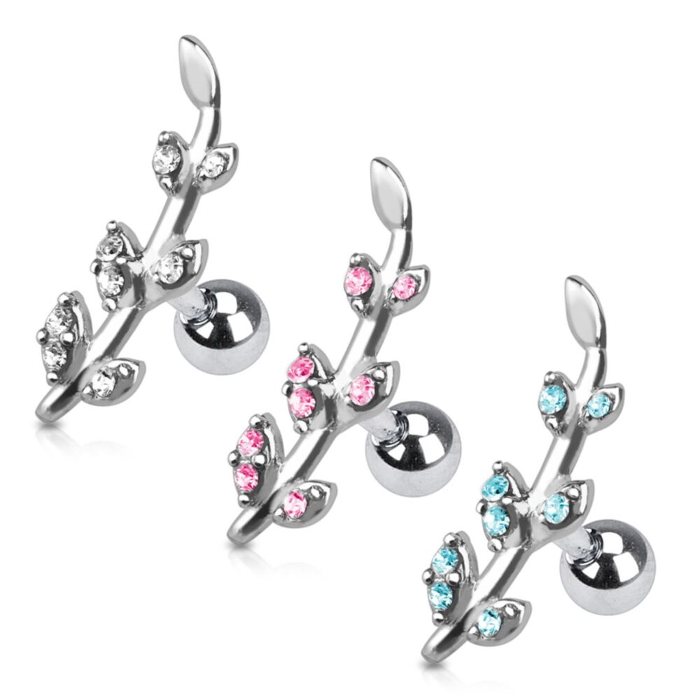 Gemmed Flower Vine 316L Surgical Steel Cartilage/Tragus Barbell