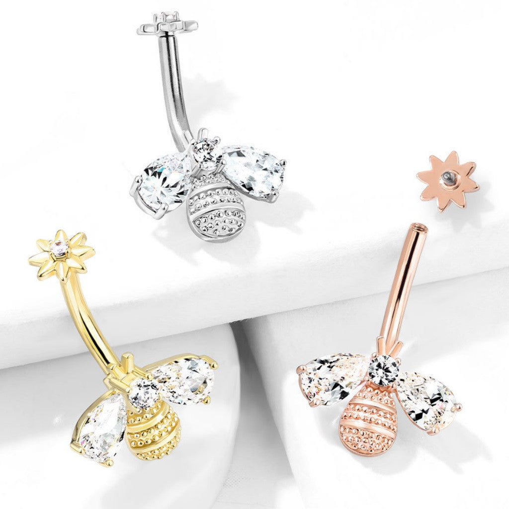 316L Surgical Steel Bee With CZ Wings and Face With Internally Threaded...