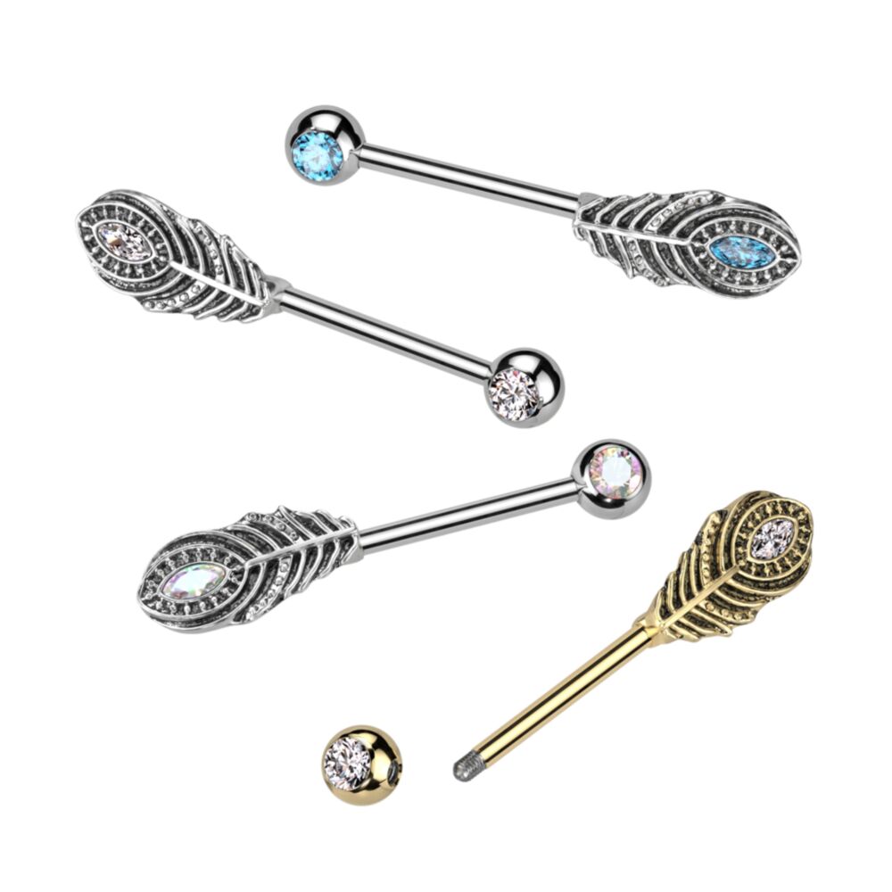 316L Surgical Steel 316L Surgical Steel Nipple Barbell With Feather and...