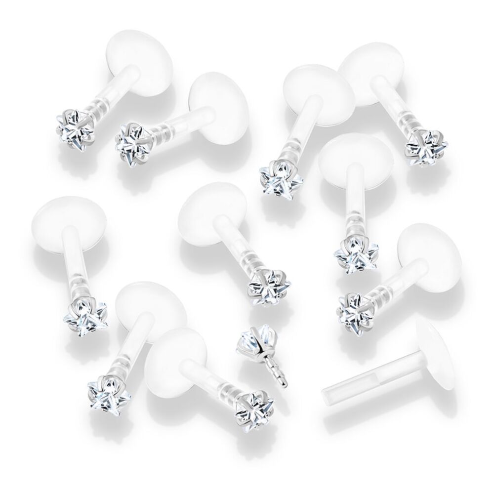 Prong Set Clear Star CZ 316L Surgical Steel Top Push In Bio Flex Flat Back Studs for Labret, Monroe, Ear Cartilage, and More