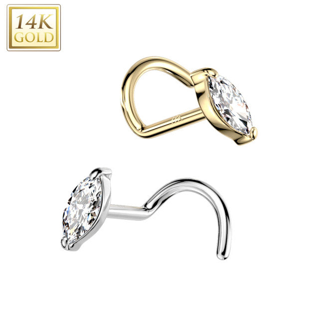 14KT Gold 14K Gold Nose Screw Rings With Marquise CZ Top
