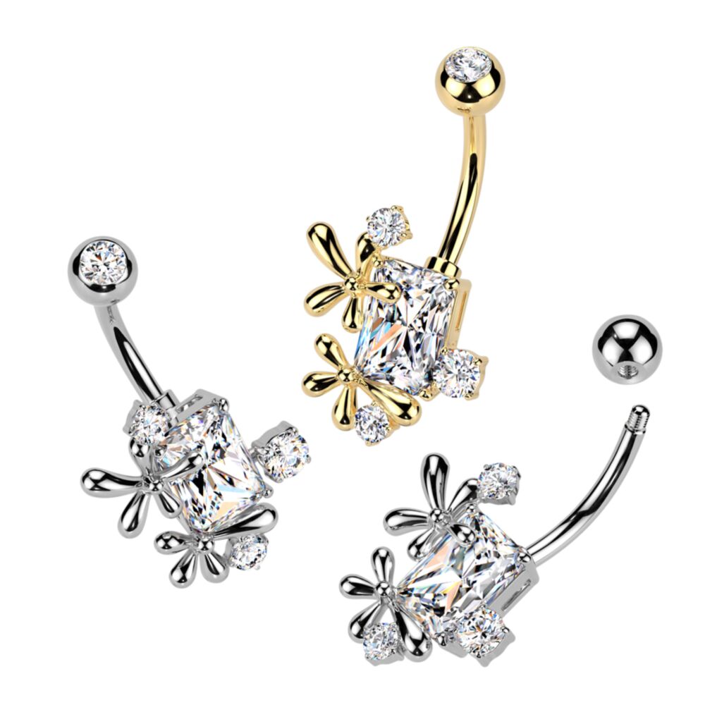 316L Surgical Steel 316L Surgical Steel CZ Rectangle With Flower and CZ...