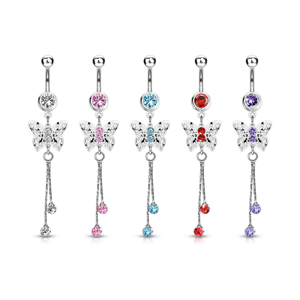 316L Surgical Steel Laser Cut Royal Butterfly With CZ Dangle Navel Ring