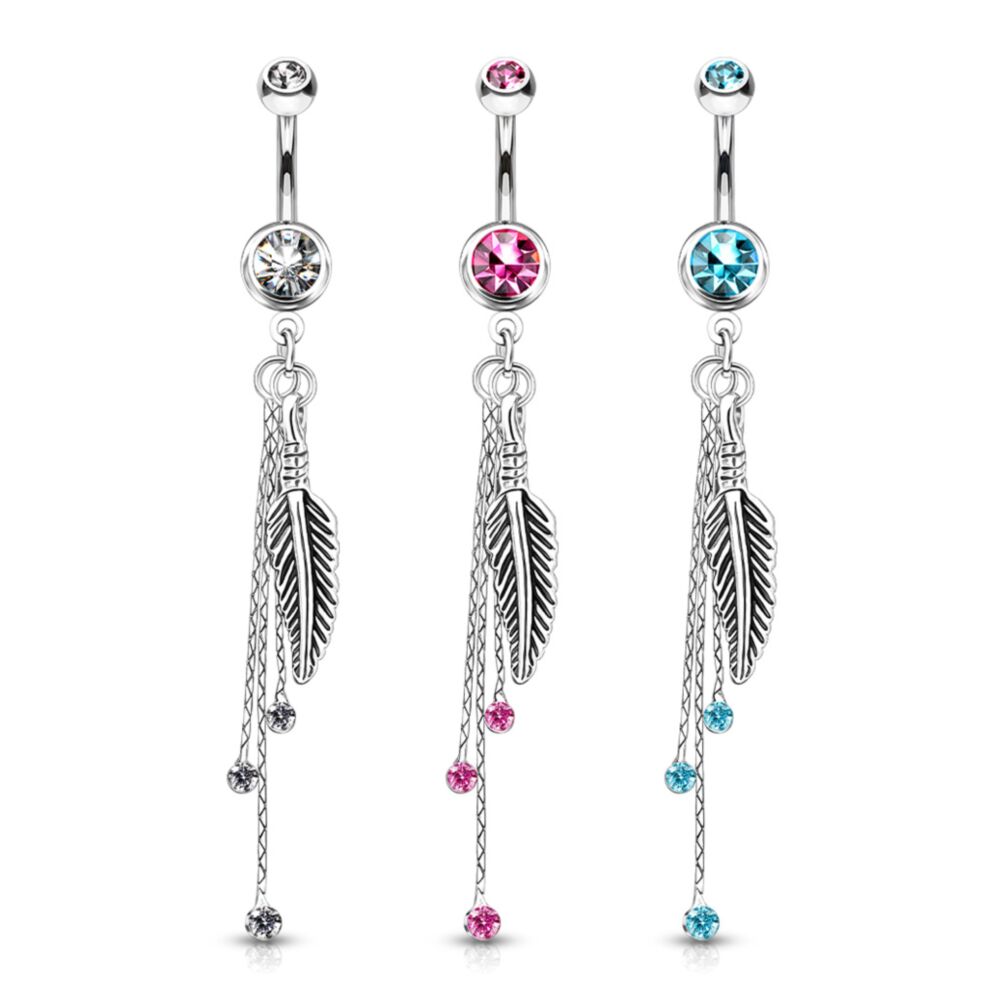 316L Surgical Steel Pack of Feather and Chains With CZs Dangle Belly Button Ring