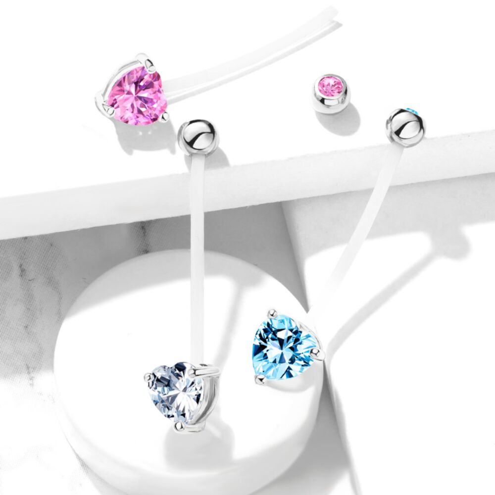 316L Surgical Steel Double Jeweled Prong Set Heart CZ Pregnancy Belly...