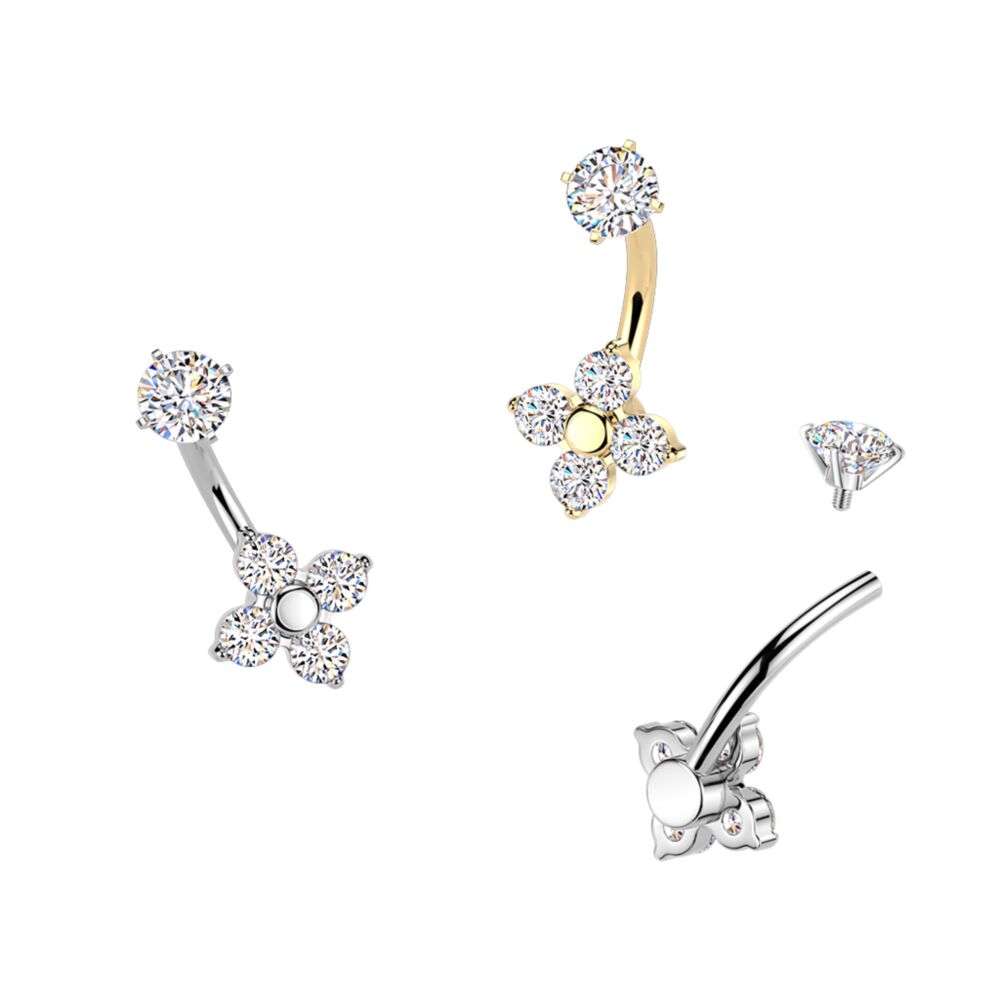 316L Surgical Steel All 316L Internally Threaded Prong Set 4 CZ Flower...