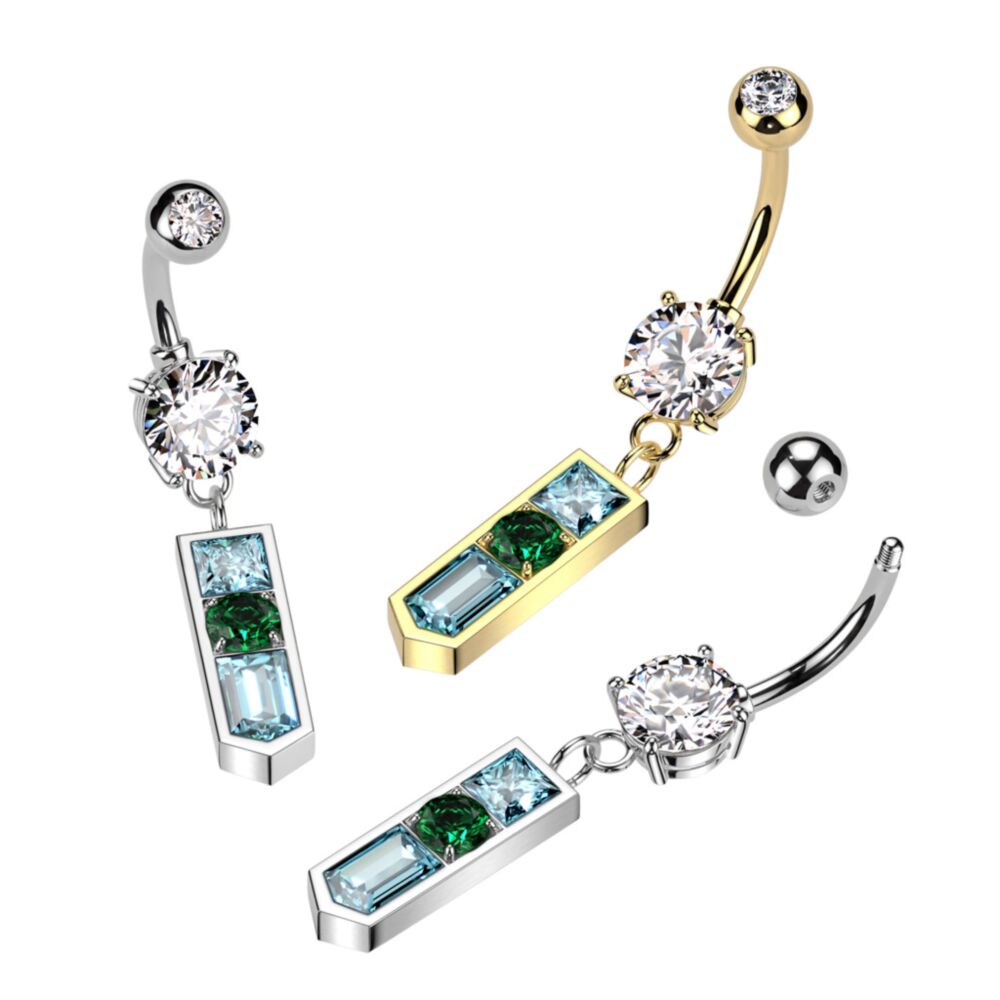 316L Surgical Steel Double Jeweled Belly Button Ring With Pointed...