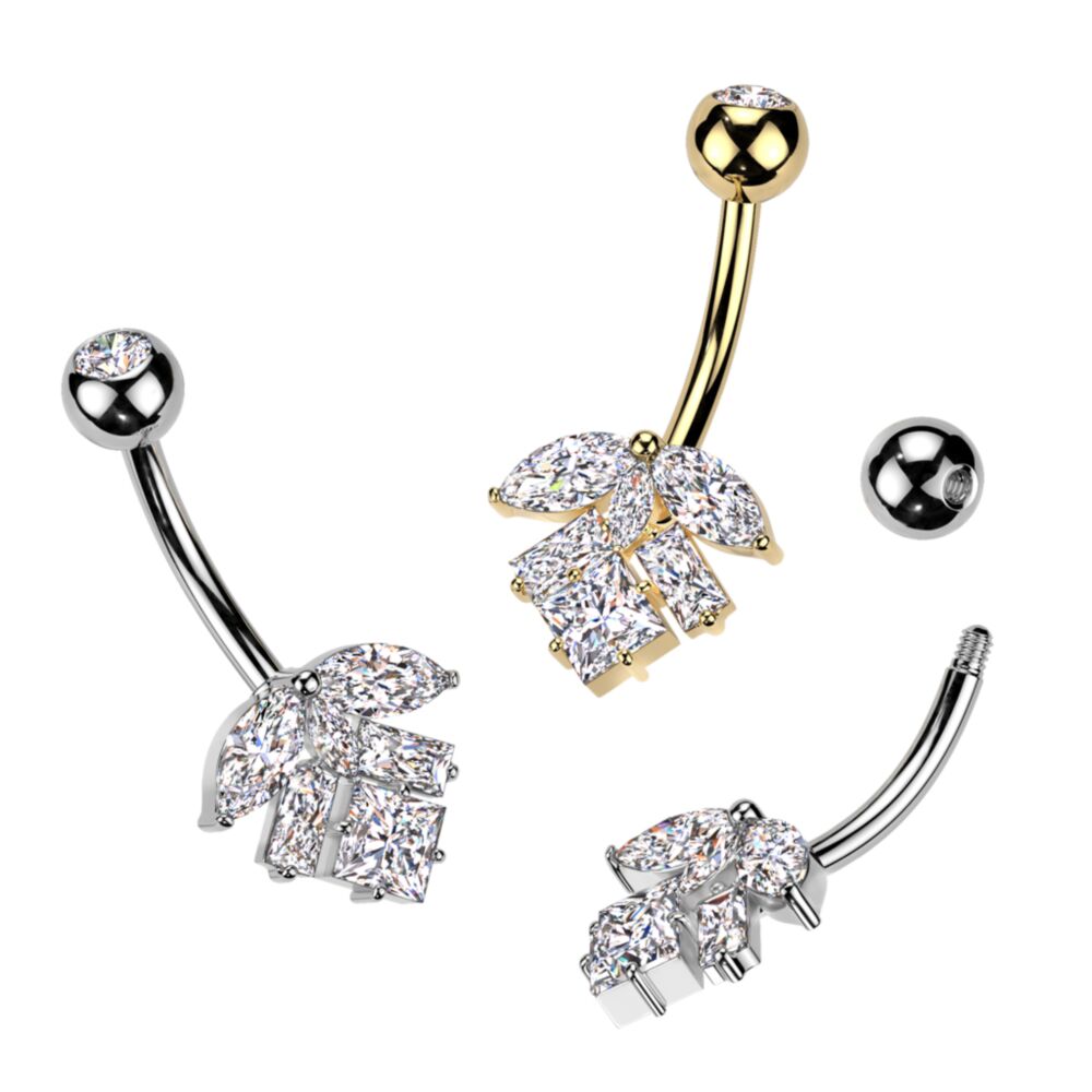 Implant Grade Titanium Bezel Set CZ Top With Brass Marquise And Square CZ Leaf Belly Button Ring