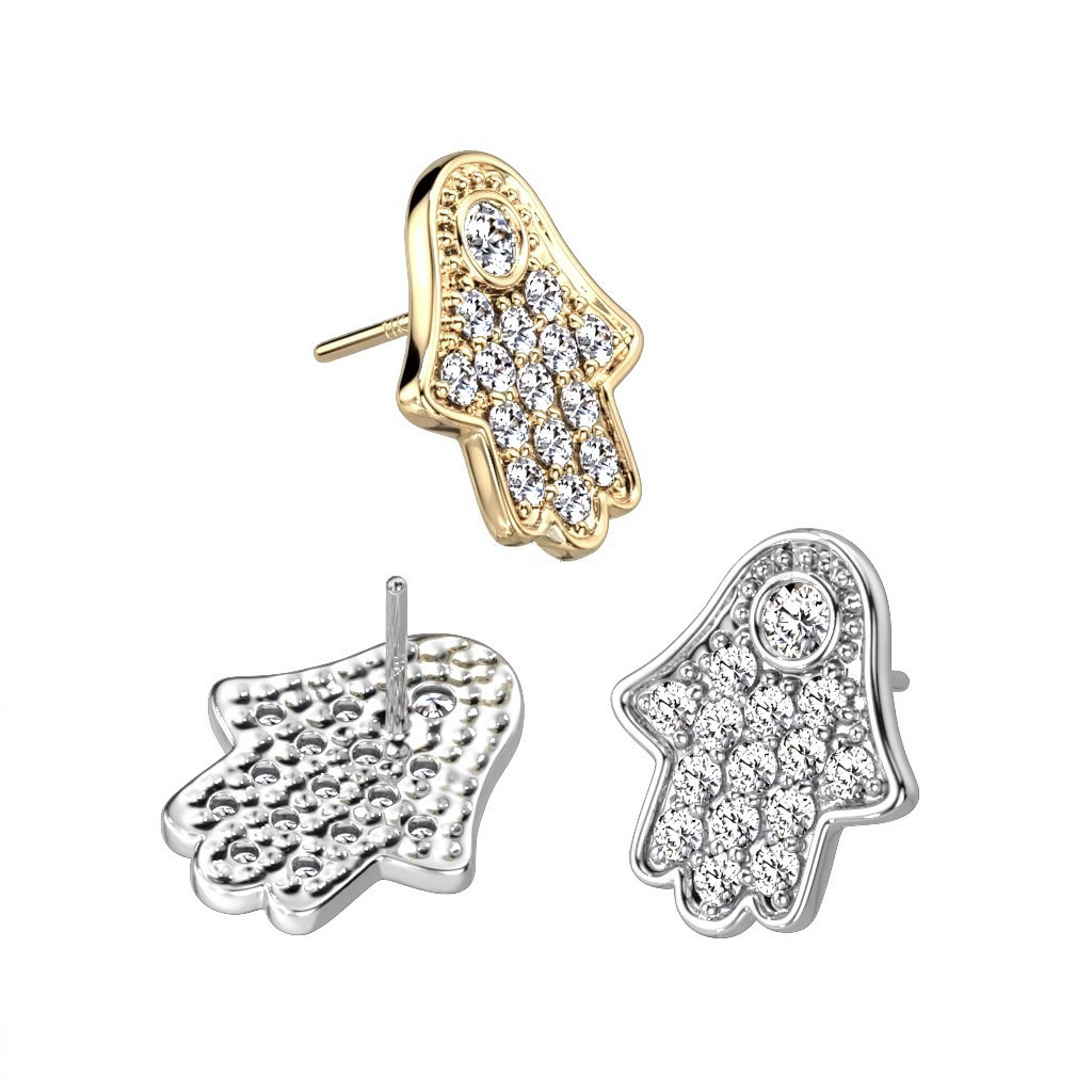 14K Gold Threadless Push In Hamsa Hand Pave CZ Top
