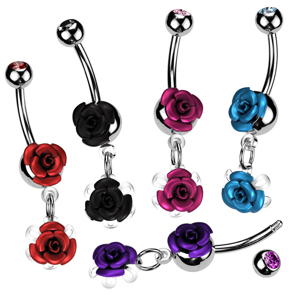 316L Surgical Steel Double Metal Rose Dangle Navel Ring with Gem Ball