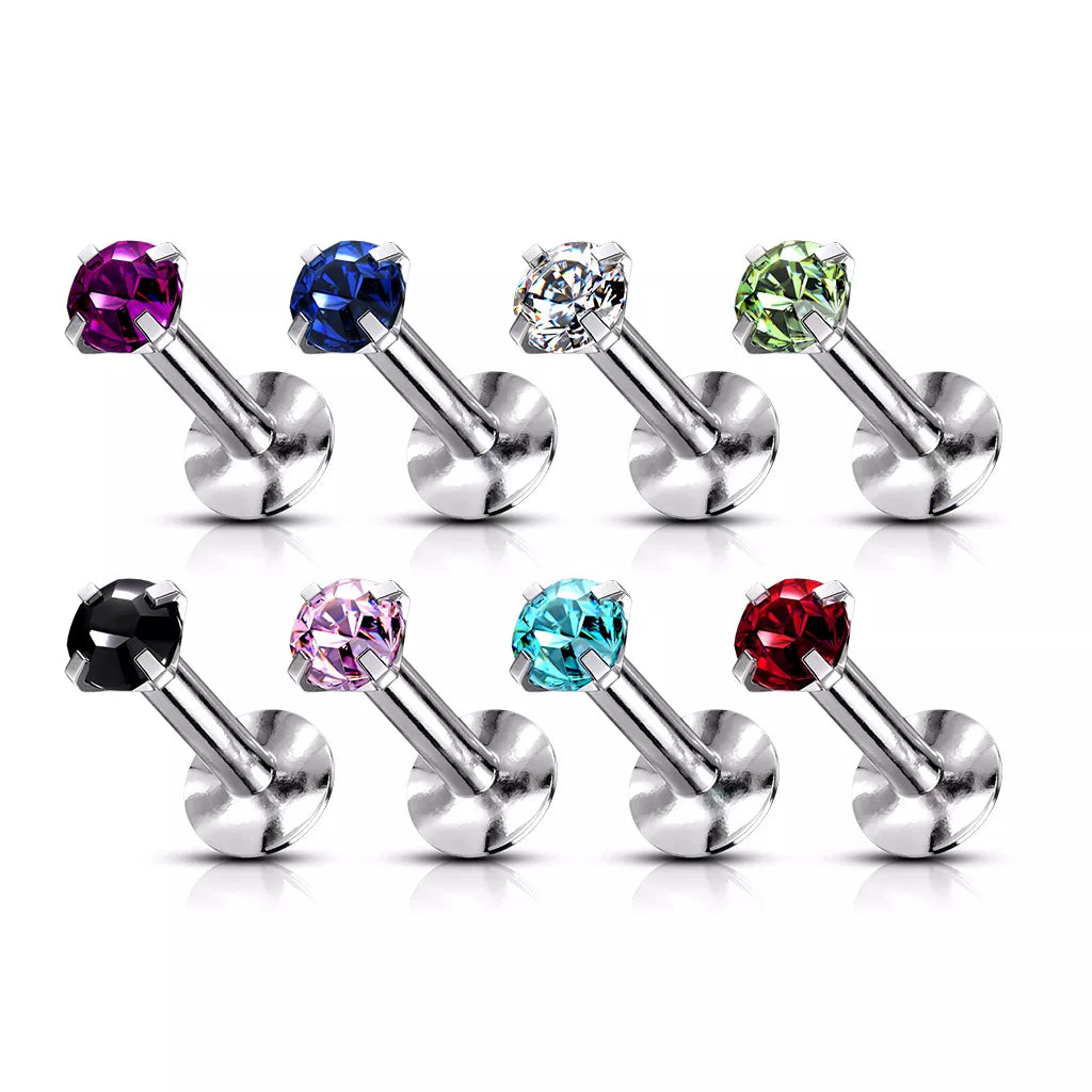 316L Surgical Steel Internally Threaded Labret With Prong Set Gem Top
