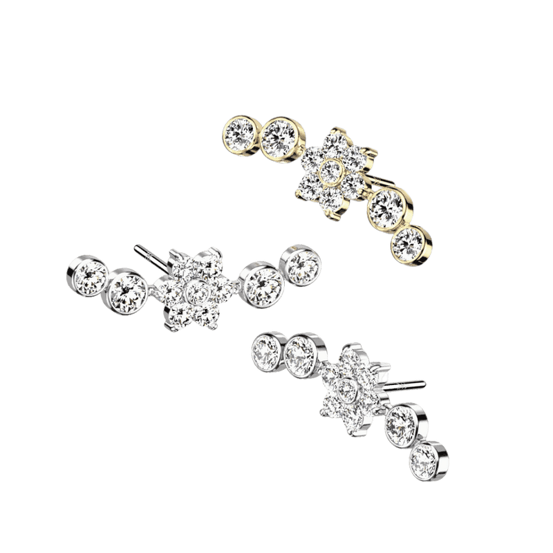 14K Gold Threadless Push In Top With Flower Center and 2 CZ Ball on Each Side