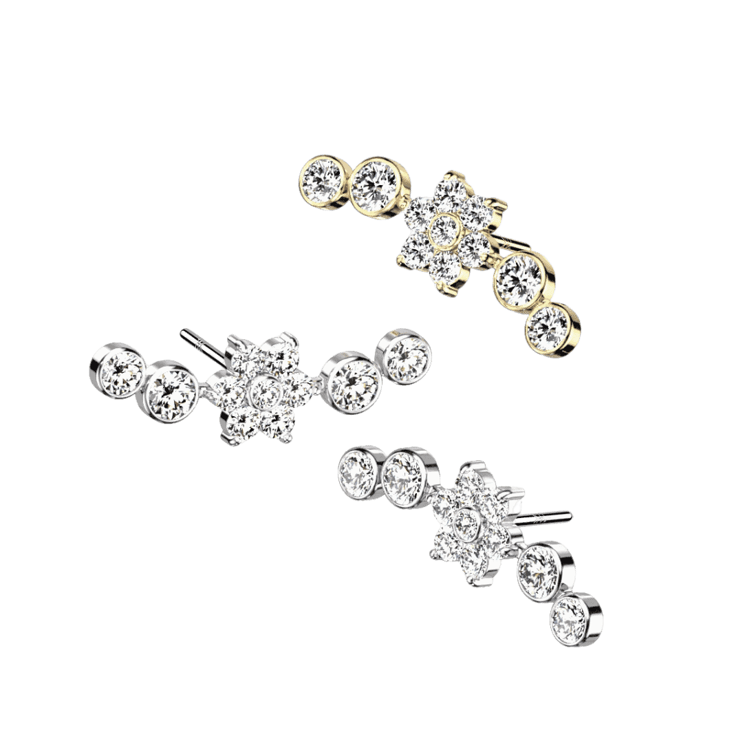 14KT Gold 14K Gold Threadless Push In Top With Flower Center and 2 CZ...