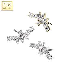 14K Gold Threadless Push In Fan With 3 Marquise CZ Center Top