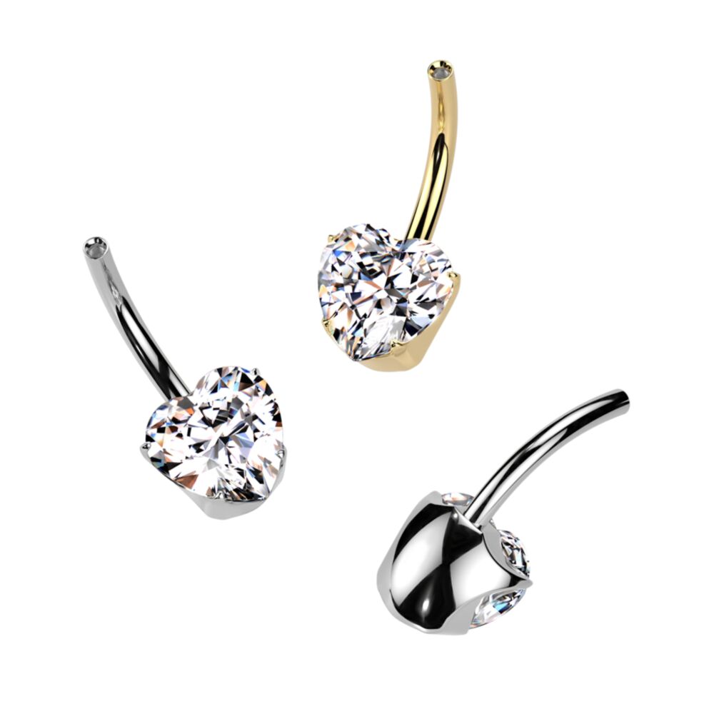 Implant Grade Titanium Internally Threaded Belly Button Pin With One Fixed Prong Set Heart CZ