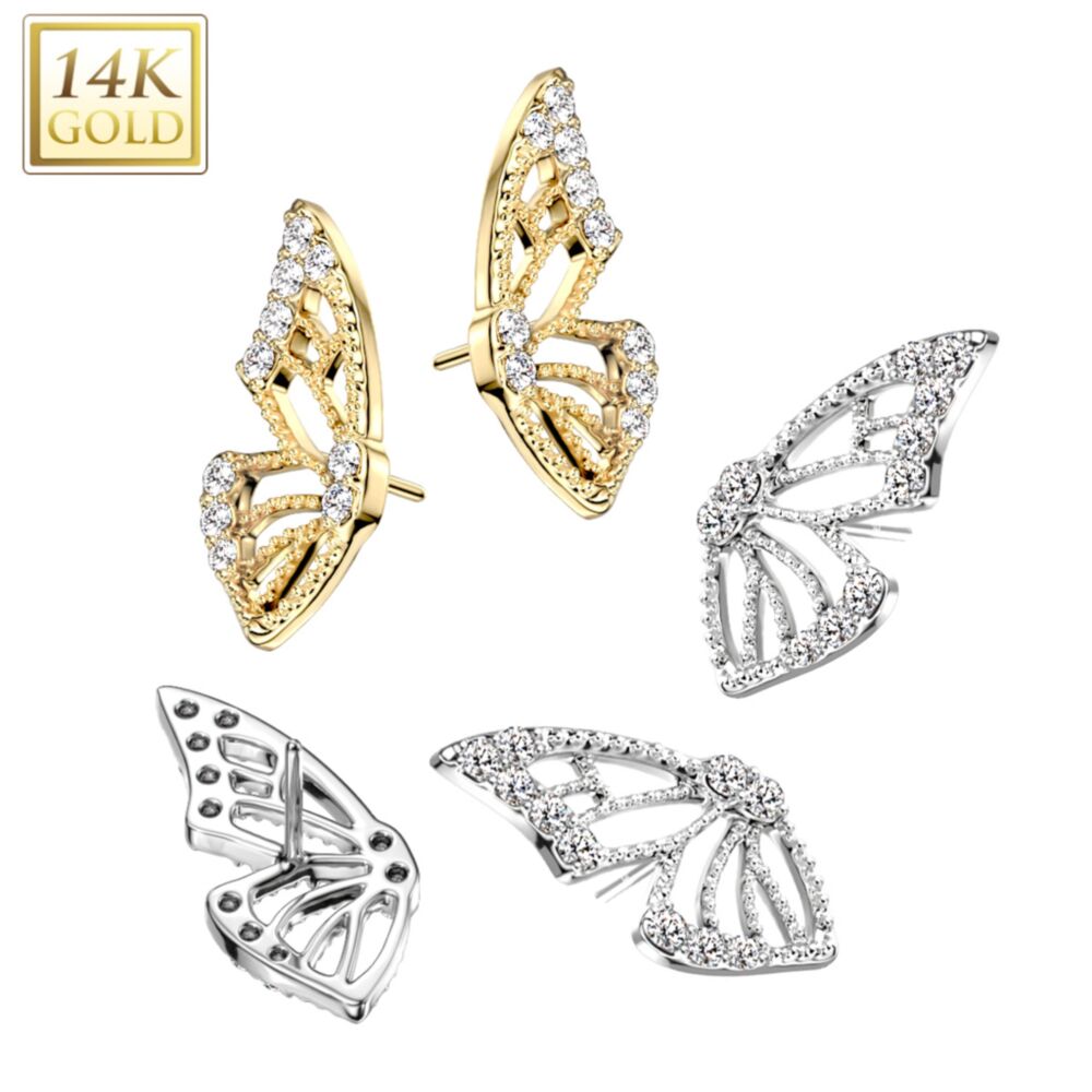 14KT Gold 14K Gold Threadless Push In Butterfly Wing With Pave CZ's