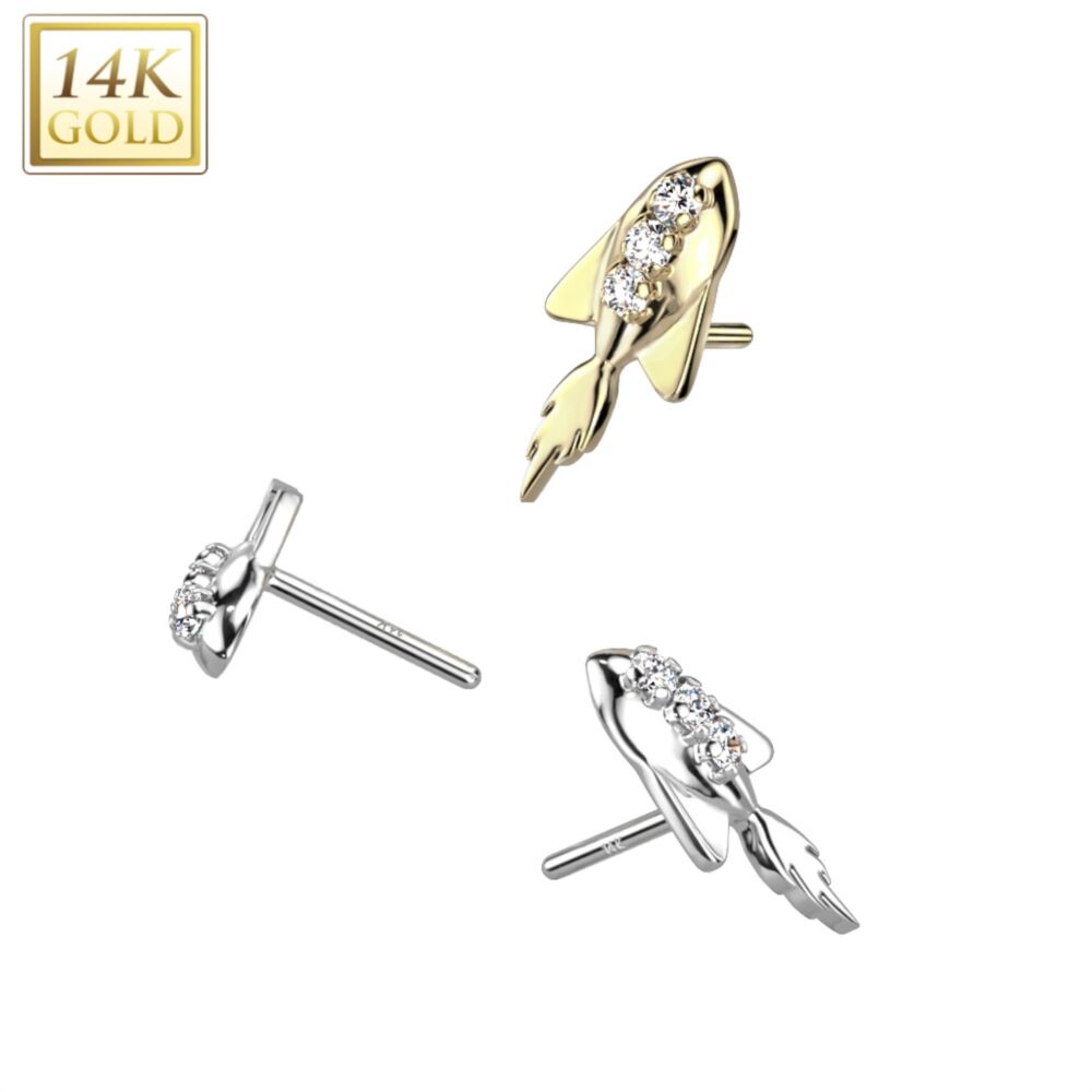14K Gold Threadless Push In Rocket Ship With Triple CZ Top