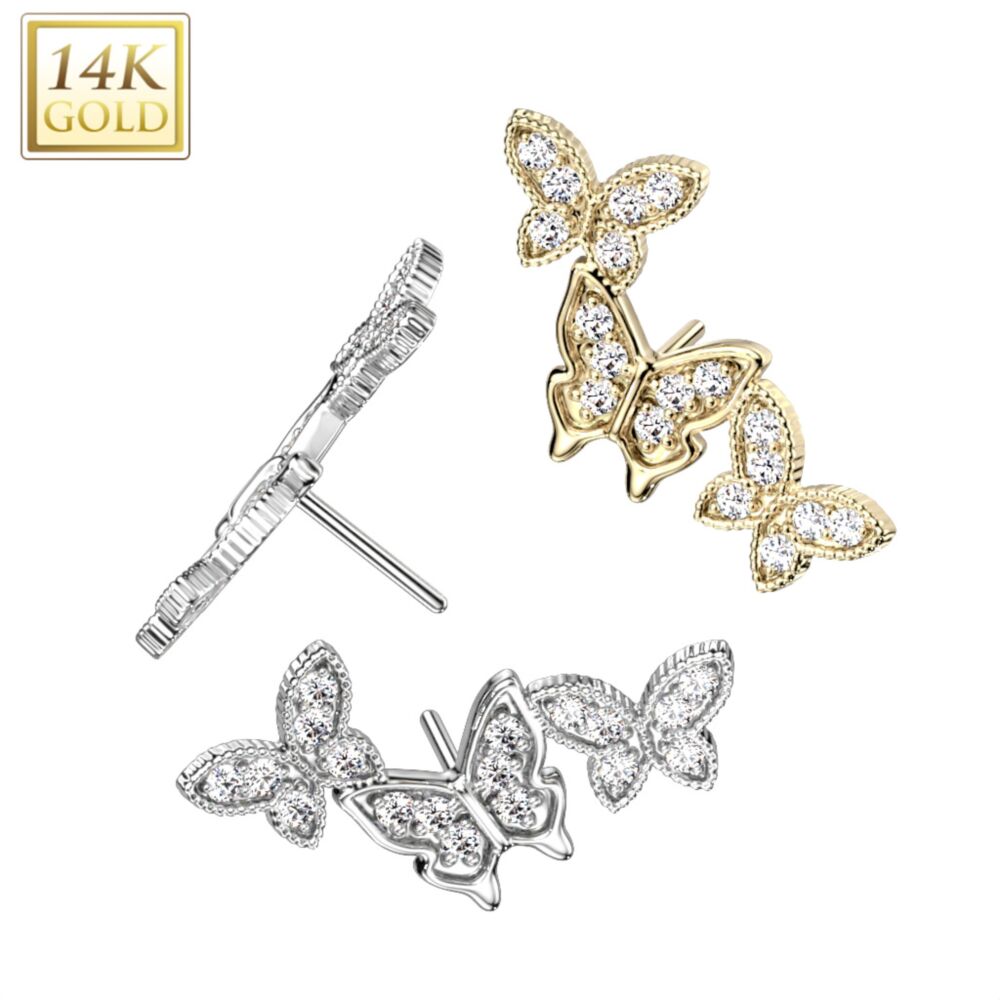 14KT Gold 14K Gold Threadless Push In CZ Pave Triple Butterfly Top