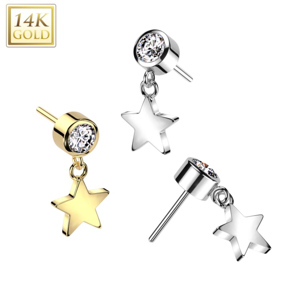 14KT Gold 14K Gold Threadless Push In Bezel Set CZ Top With Star Dangle
