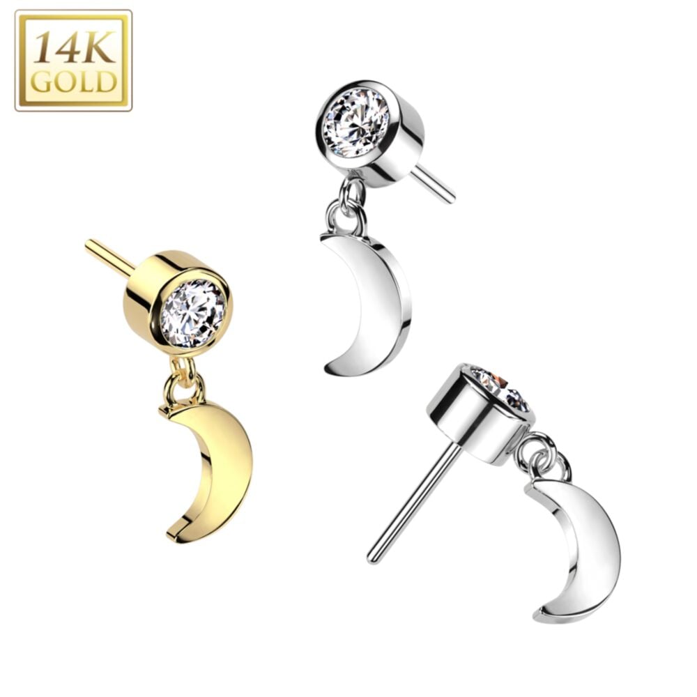 14KT Gold 14K Gold Threadless Push In Bezel Set CZ Top With Crescent...