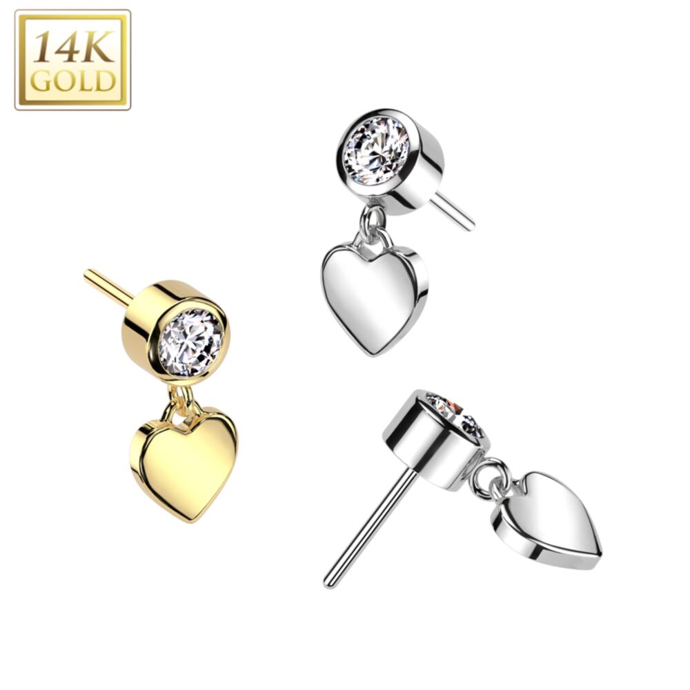 14KT Gold 14K Gold Threadless Push In Bezel Set CZ Top With Heart Dangle
