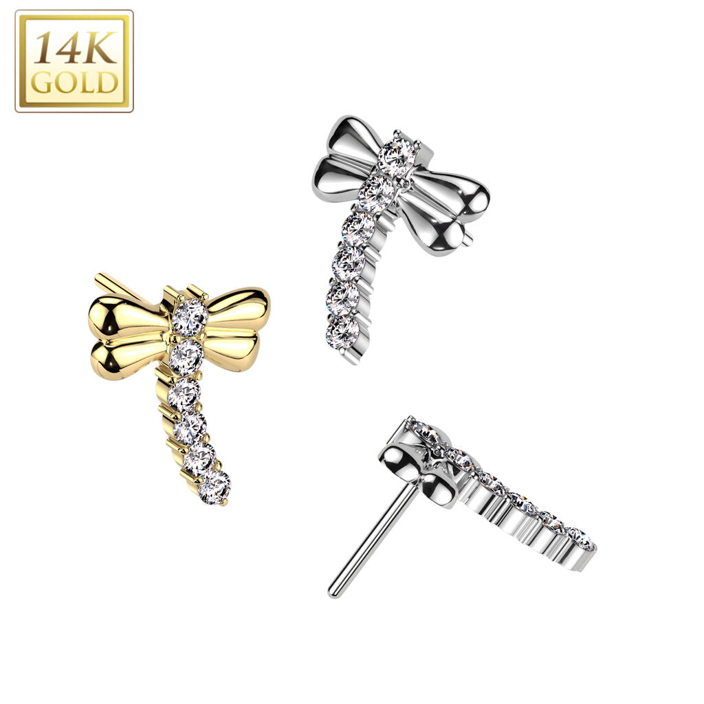 14K Gold Threadless Push In CZ Dragonfly Top