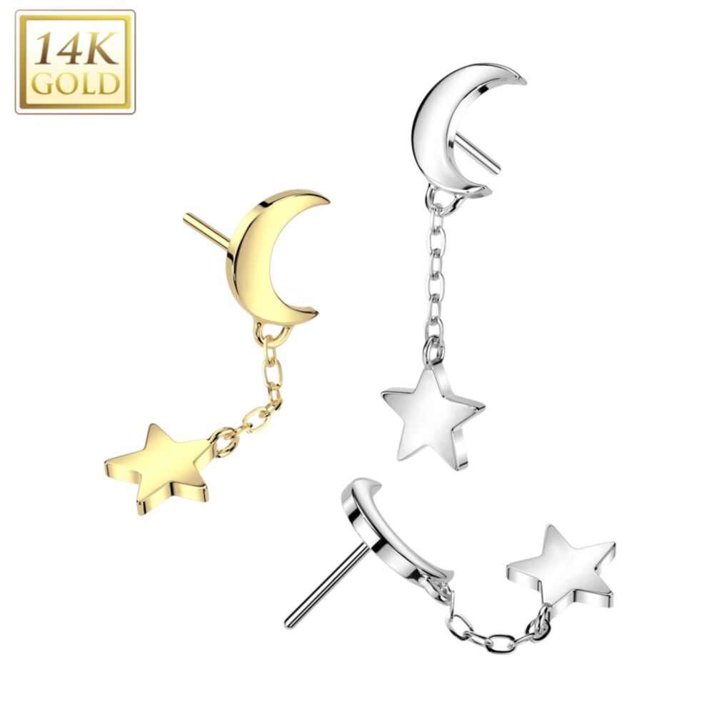 14KT Gold 14K Gold Threadless Push In Crescent Moon Top With Star Dangle