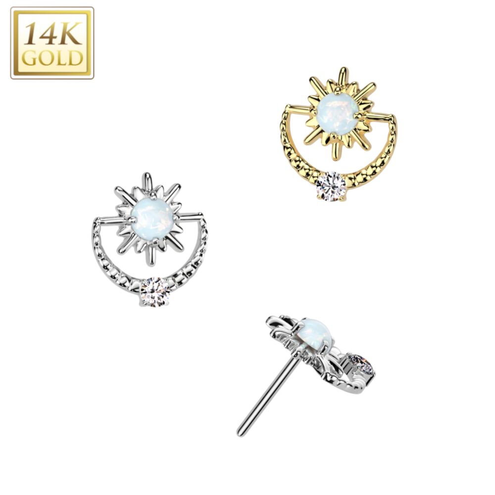 14K Gold Threadless Push In Sunburst With Opal Center and CZ Top