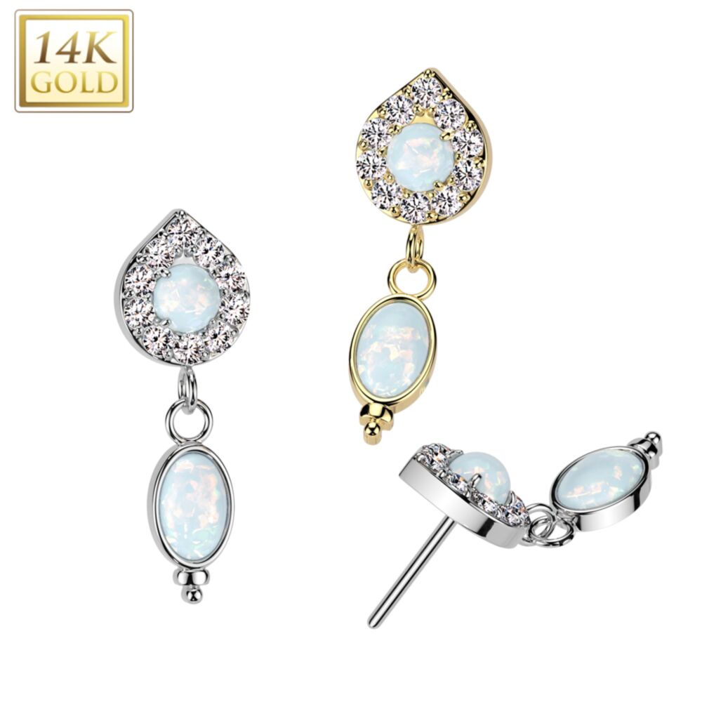 14K Gold Threadless Push In Teardrop Top With Opal Center and Opal Dangle