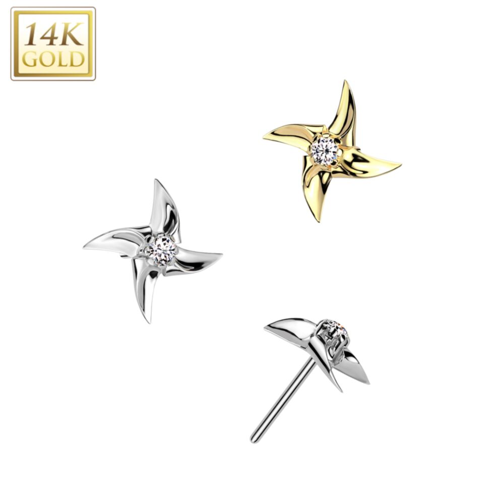 14K Gold Threadless Push In Pinwheel With CZ Center Top