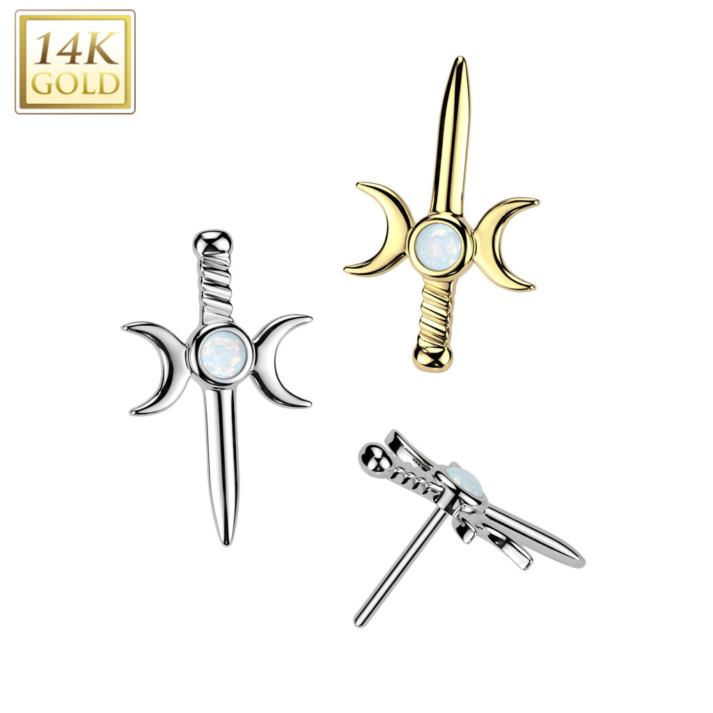 14K Gold Threadless Push In Crescent Moon Dagger With Opal Center Top