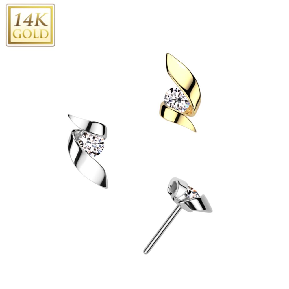 14K Gold Threadless Push In Ribbon With CZ Center