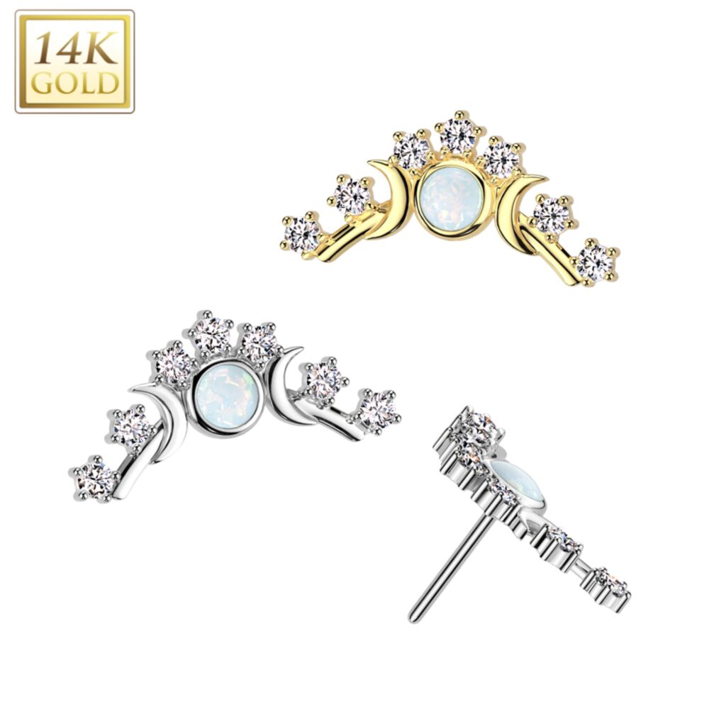 14K Gold Threadless Push In Prong Set CZ Fan With Opal Center