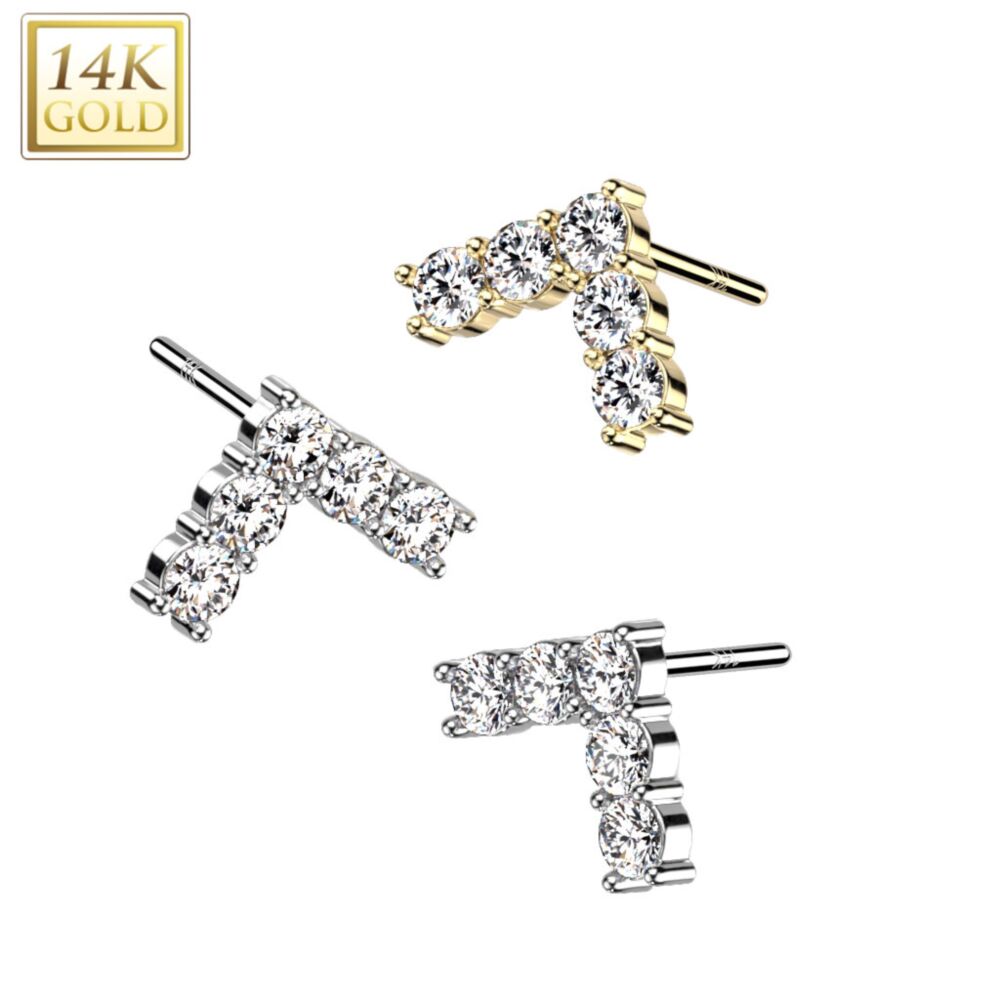 14KT Gold 14K Gold Threadless Push In 5 CZ Set Chevron Top