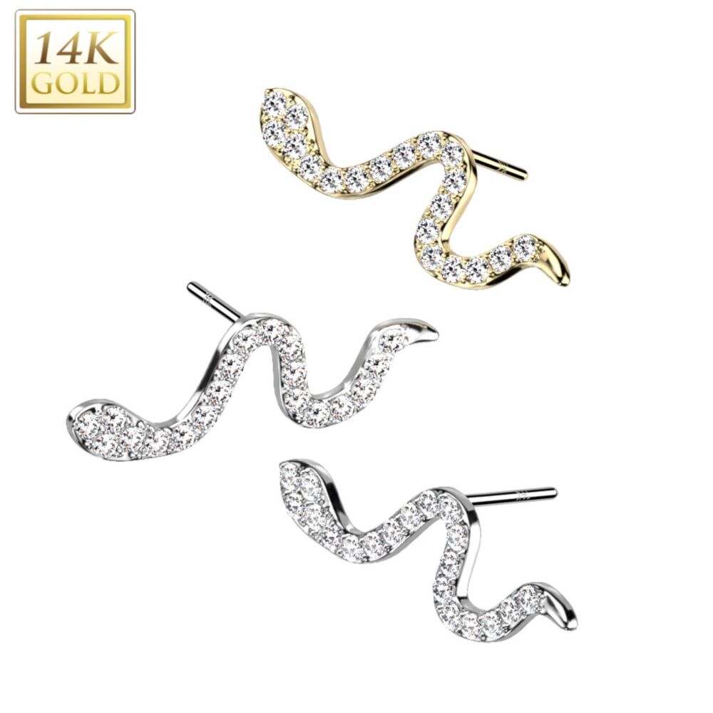 14KT Gold 14K Gold Threadless Push In CZ Paved Small Snake Top
