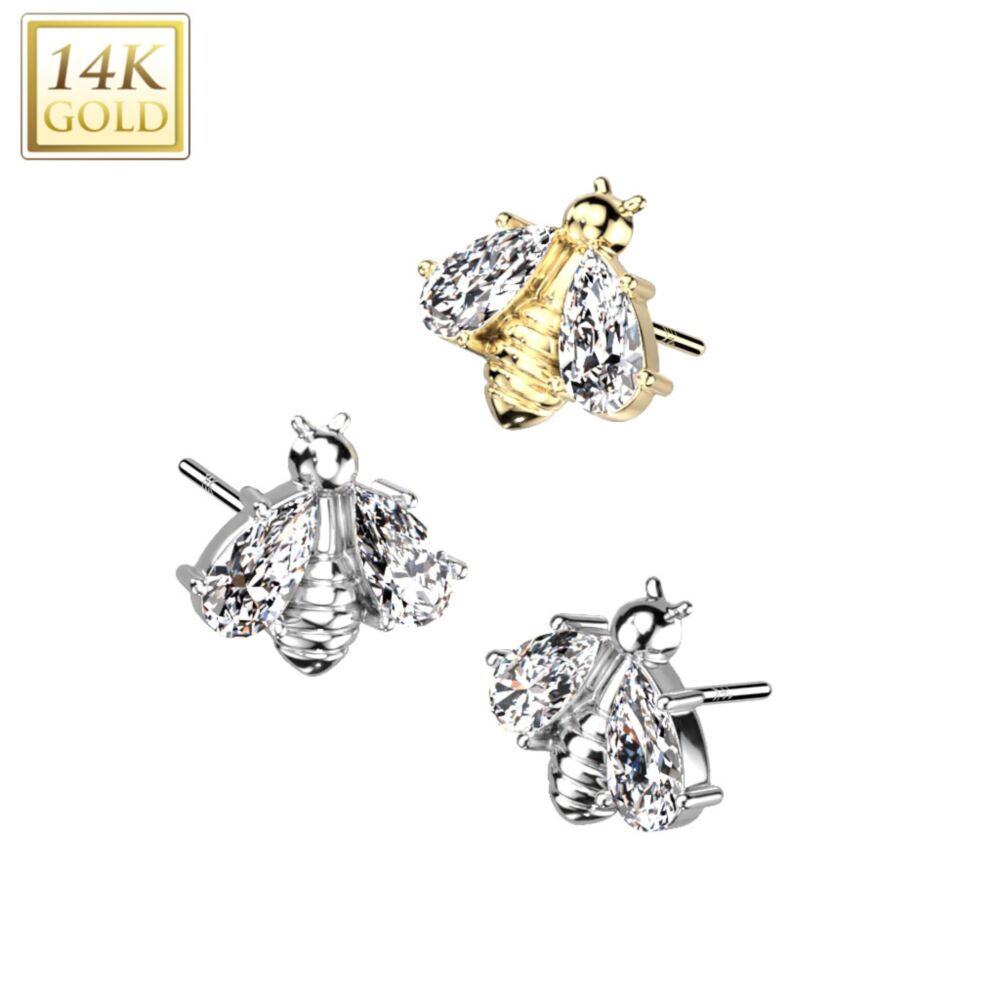 14KT Gold 14K Gold Threadless Push In Bee With CZ Wings Top